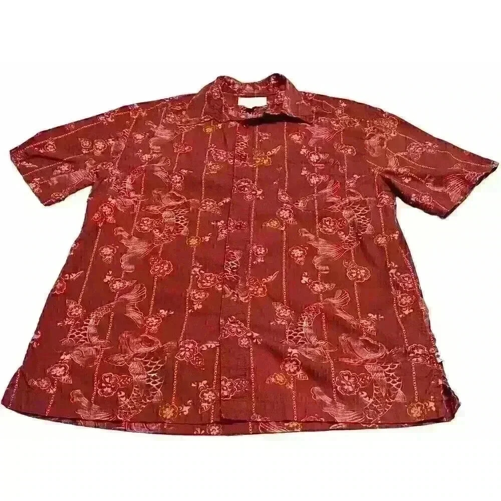 Island Shores Hawaiian Shirt Red Coy Fish Men Medium Floral Short Sleeve